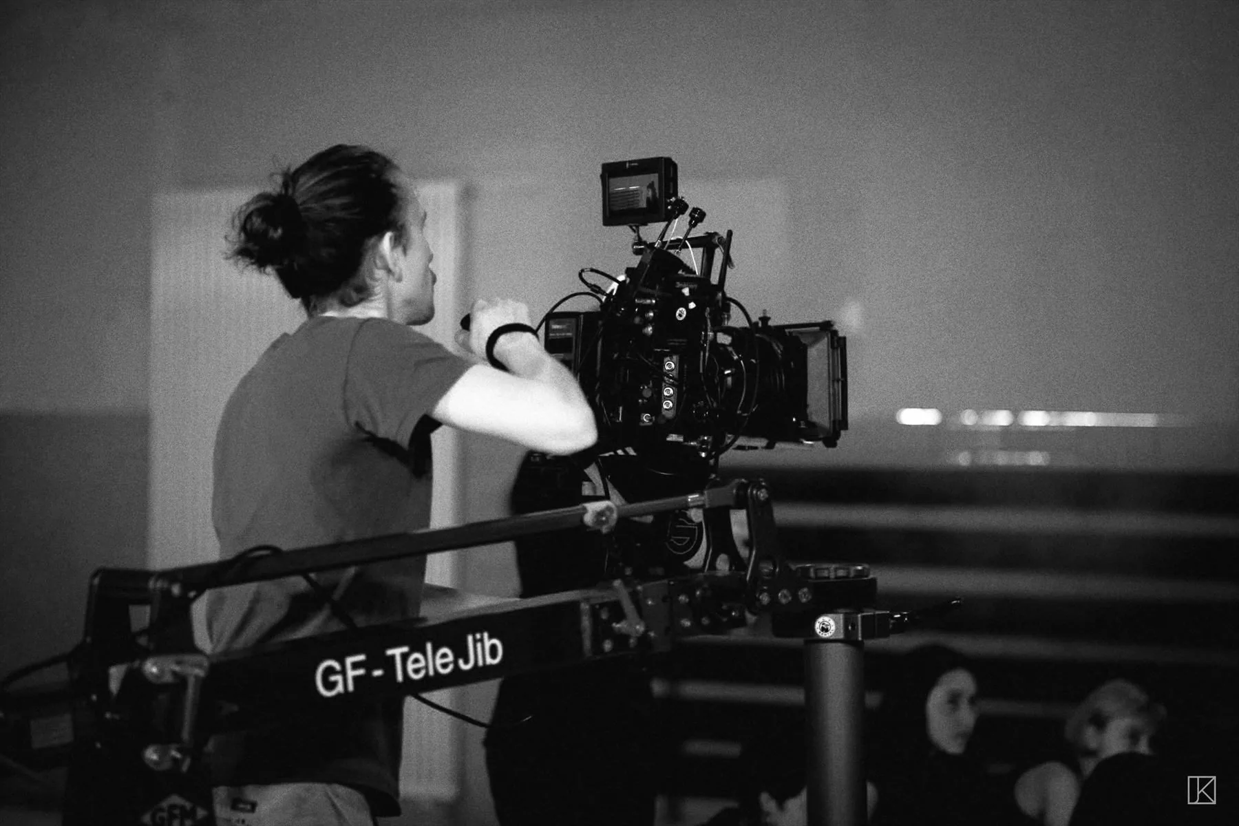 Frederic T. Kuntz operating a camera on a telescopic jib on set